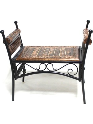 Marvielle Eskitme Ahşap Ferforje Puf Tabure 63X38X62 cm - Yan Sehpa