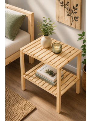 Marvielle Masif Doğal Ahşap 2 Katlı 50X30X55 cm - Yan Sehpa
