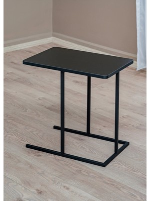 Marvielle Siyah Ahşap Tablalı Metal Ayaklı C Sehpa 50 x 35 cm - Yan Sehpa