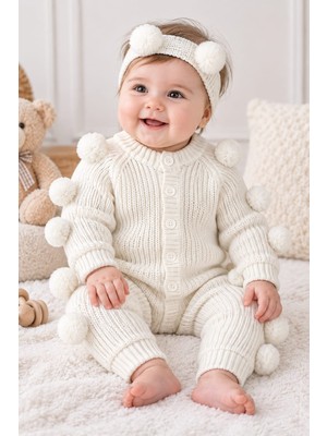 Meriç Bebe Ponponlu Selanik Örgü Saç Bantlı Bebek Triko Tulum Seti - Dikişsiz Yumuşak Bebek Tulumu