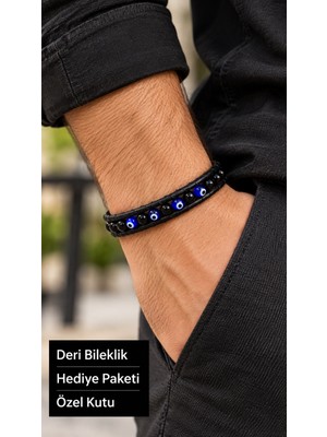Herşey Nota Eldevor Azurewatch Siyah Deri Erkek Bileklik - Mavi Göz Boncuklu Çift Katman