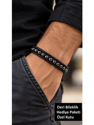 Herşey Nota Veyron Noir Hematit Boncuklu Siyah Deri Erkek Bileklik – Premium Tasarım