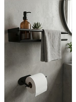 Marvielle Paslanmaz Çelik Mat Siyah Yapışkan Montaj Banyo Rafı - Banyo Askısı