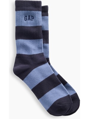 Gap Erkek Mavi Rugby Çizgili Logo Crew Çorap