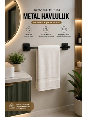 Marvielle Kare Yapışkanlı Siyah Uzun Havluluk - Banyo Askısı