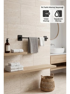 Marvielle Yapışkanlı Siyah Uzun Havluluk - Banyo Askısı