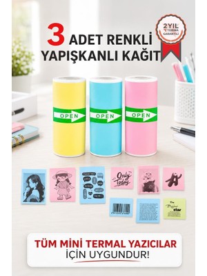 Torima Termal Rulo Kağıt Yapışkanlı Etiket Sticker Tüm Mini Makinalarla Uyumlu 1 Paket (3 Adet) Renkli