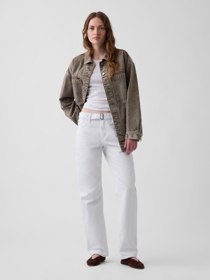 Gap Kadın Beyaz Mid Rise Kemerli Straight Taper Jean Pantolon