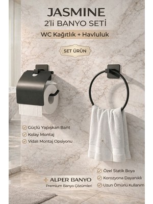 Marvielle 2'li Siyah Kare Banyo Seti Kapaklı Kağıtlık Halka Havluluk - Banyo Askısı