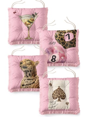 Marvielle Pembe Leopar ve Kokteyl Desenli Saçaklı Bağcıklı 4'lü Pofidik Sandalye Mind - Sandalye Minderi