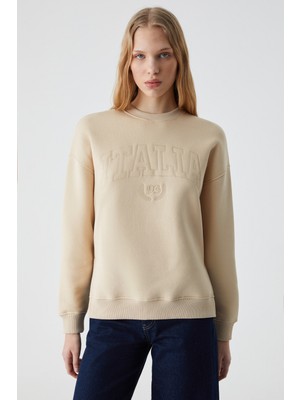 Ethiquet Rıcennı Kadın Bisiklet Yaka Oversize Taş Rengi Sweatshirt