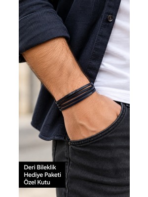 Herşey Nota Celsarin Navycoil Lacivert Deri Erkek Bileklik - Çok Sıralı Ince Kordon