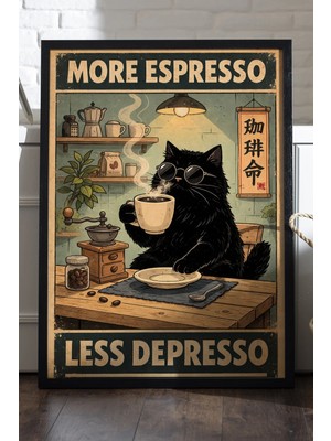 Duvarda Espresso Cat Siyah Ahşap Çerçeveli Poster, Dekoratif Kahve Duvar Tablosu