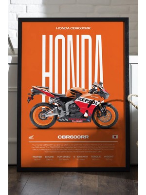 Duvarda Honda Cbr 600RR Siyah Ahşap Çerçeveli Poster, Dekoratif Motosiklet Duvar Tablosu
