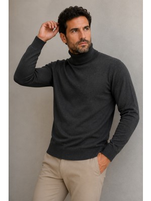 Beyome Erkek %100 Pamuk Yarım Balıkçı Yaka Kazak Uzun Kollu Rahat Kesim Basic Triko Kazak