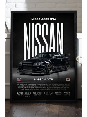 Duvarda Nissan Gtr R34 Siyah Ahşap Çerçeveli Poster, Dekoratif Araba Duvar Tablosu