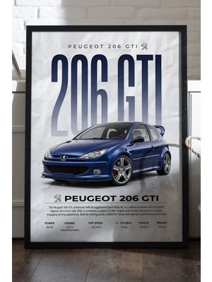 Duvarda Peugeot 206 Gtı Siyah Ahşap Çerçeveli Poster, Dekoratif Araba Duvar Tablosu
