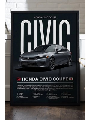 Duvarda Honda Civic Coupe Siyah Ahşap Çerçeveli Poster, Dekoratif Araba Duvar Tablosu