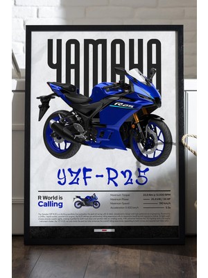 Duvarda Yamaha Yzf R-25 Siyah Ahşap Çerçeveli Poster, Dekoratif Motosiklet Duvar Tablosu