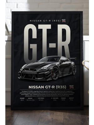 Duvarda Nissan R35 Gtr Siyah Ahşap Çerçeveli Poster, Dekoratif Araba Duvar Tablosu