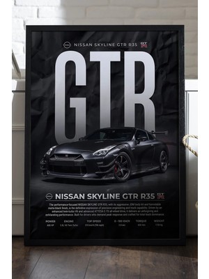 Duvarda Nissan Gtr R35 Siyah Ahşap Çerçeveli Poster, Dekoratif Araba Duvar Tablosu