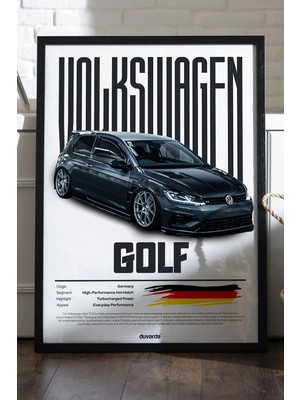 Duvarda Volkswagen Golf 7.5 R Siyah Ahşap Çerçeveli Poster, Dekoratif Araba Duvar Tablosu