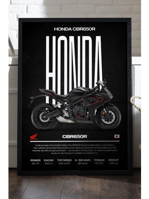 Duvarda Honda Cbr 650R Siyah Ahşap Çerçeveli Poster, Dekoratif Motosiklet Duvar Tablosu