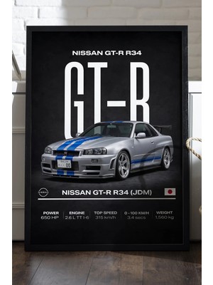 Duvarda Nissan Gtr R34 Siyah Ahşap Çerçeveli Poster, Dekoratif Araba Duvar Tablosu