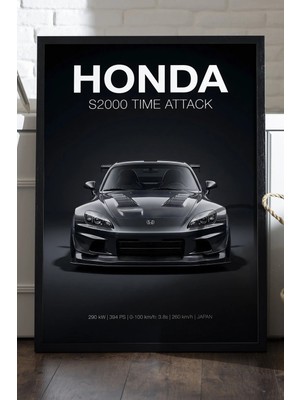 Duvarda Honda S2000 Siyah Ahşap Çerçeveli Poster, Dekoratif Araba Duvar Tablosu