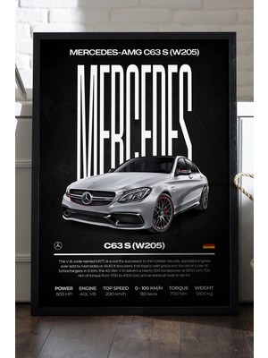 Duvarda Mercedes C63 S Siyah Ahşap Çerçeveli Poster, Dekoratif Araba Duvar Tablosu