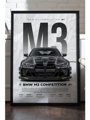 Duvarda Bmw M3 Competition Siyah Ahşap Çerçeveli Poster, Dekoratif Araba Duvar Tablosu
