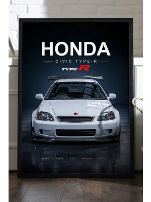 Duvarda Honda Civic Type R Siyah Ahşap Çerçeveli Poster, Dekoratif Araba Duvar Tablosu