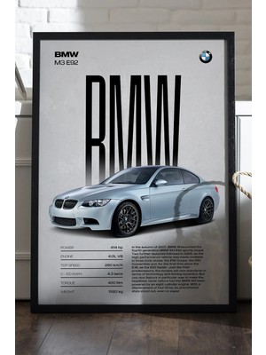 Duvarda Bmw M3 E92 Siyah Ahşap Çerçeveli Poster, Dekoratif Araba Duvar Tablosu