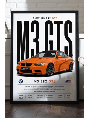 Duvarda Bmw M3 E92 Siyah Ahşap Çerçeveli Poster, Dekoratif Araba Duvar Tablosu