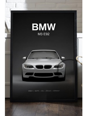 Duvarda Bmw M3 E92 Siyah Ahşap Çerçeveli Poster, Dekoratif Araba Duvar Tablosu