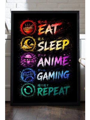Duvarda Eat Sleep Gaming Siyah Ahşap Çerçeveli Poster, Dekoratif Oyun Duvar Tablosu