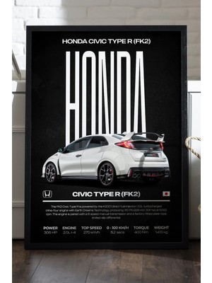 Duvarda Honda Civic Type R Siyah Ahşap Çerçeveli Poster, Dekoratif Araba Duvar Tablosu