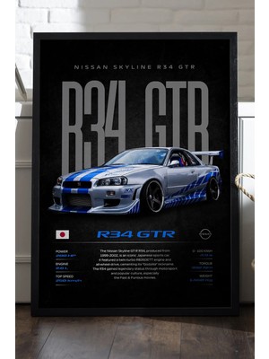 Duvarda Nissan R34 Gtr Skyline Siyah Ahşap Çerçeveli Poster, Dekoratif Araba Duvar Tablosu