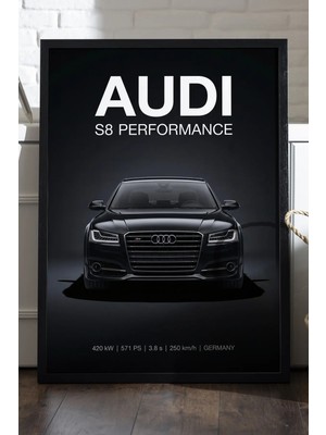 Duvarda Audi S8 Siyah Ahşap Çerçeveli Poster, Dekoratif Araba Duvar Tablosu