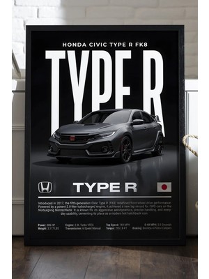 Duvarda Honda Civic Type R Siyah Ahşap Çerçeveli Poster, Dekoratif Araba Duvar Tablosu