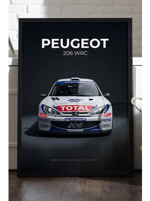 Duvarda Peugeot 206 Wrc Siyah Ahşap Çerçeveli Poster, Dekoratif Araba Duvar Tablosu