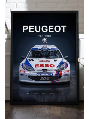 Duvarda Peugeot 206 Wrc Siyah Ahşap Çerçeveli Poster, Dekoratif Araba Duvar Tablosu