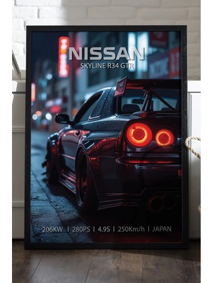 Duvarda Nissan Skyline R34 Gtr Siyah Ahşap Çerçeveli Poster, Dekoratif Araba Duvar Tablosu