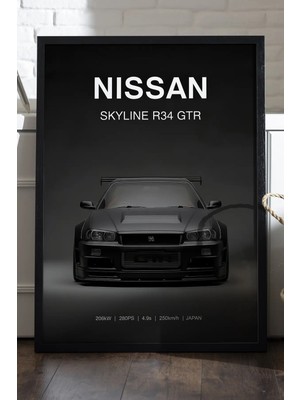 Duvarda Nissan Skyline Siyah Ahşap Çerçeveli Poster, Dekoratif Araba Duvar Tablosu