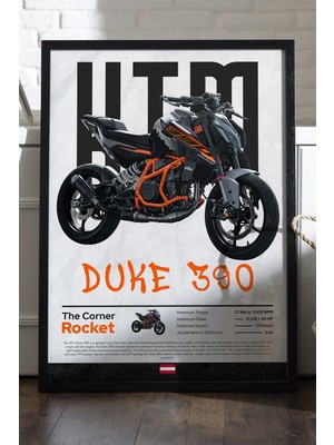 Duvarda Ktm Duke 390 Siyah Ahşap Çerçeveli Poster, Dekoratif Motosiklet Duvar Tablosu
