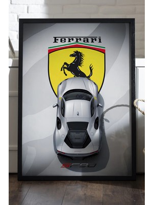 Duvarda Ferrari SF90 Siyah Ahşap Çerçeveli Poster, Dekoratif Araba Duvar Tablosu