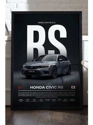 Duvarda Honda Civic Rs Siyah Ahşap Çerçeveli Poster, Dekoratif Araba Duvar Tablosu