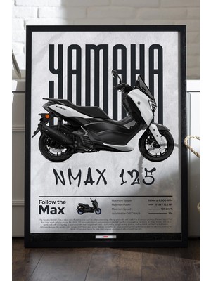 Yamaha Nmax 125 Siyah Ahşap Çerçeveli Poster, Dekoratif Motosiklet Duvar Tablosu
