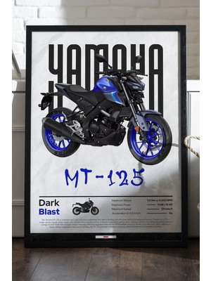 Duvarda Yamaha MT-125 Siyah Ahşap Çerçeveli Poster, Dekoratif Motosiklet Duvar Tablosu