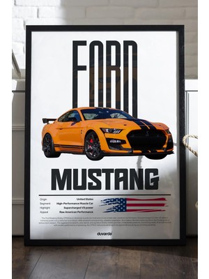 Duvarda Ford Mustang Shelby Siyah Ahşap Çerçeveli Poster, Dekoratif Araba Duvar Tablosu